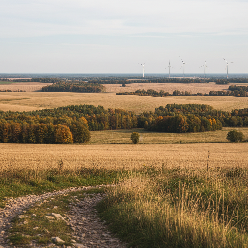 Fotograficky realistická širokoúhlá vizualizace krajiny u obce Mikuleč v podzimním období, s mírně zvlněnými poli, lesními pásy a vzdáleným horizontem. V popředí detail trav a kamenité cesty, uprostřední plán tvoří pole a les, v dálce několik moderních větrných elektráren s bílými, štíhlými stožáry a dlouhými listy, proporčně věrně zasazené do měřítka krajiny. Mírně zatažená obloha vytváří difuzní, měkké světlo bez tvrdých stínů. Kompozice v pravidle třetin, ostré vykreslení celé scény, klidná, neutrální atmosféra dokumentárního snímku, bez textu či symbolů, čistě informativní fotografická estetika.